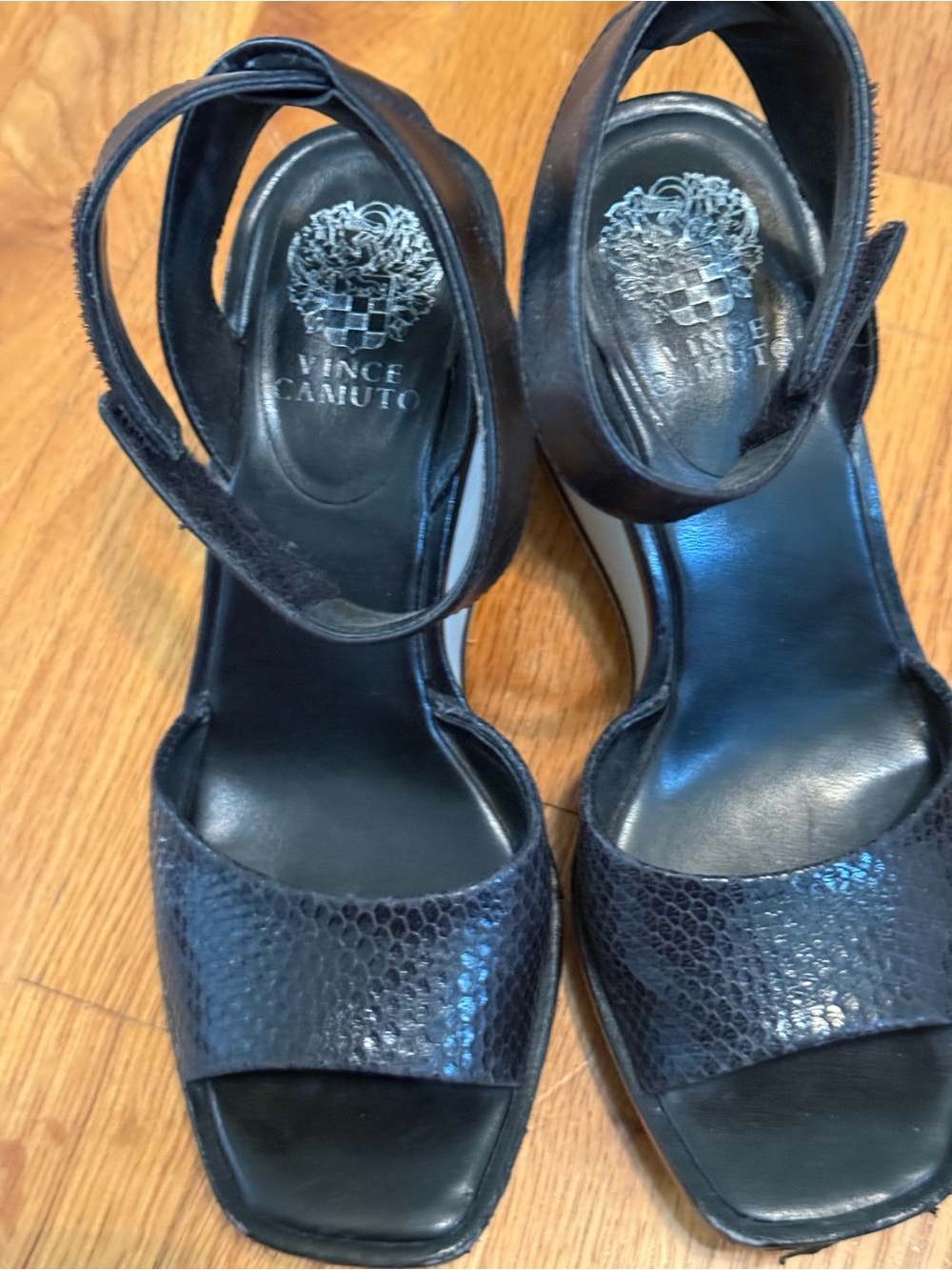 Vince Camuto Black Textured Leather Open-Toe Ankle Strap Heels